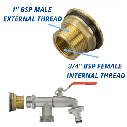 Water Butt Brass Kit 1” BSP to 3/4” – Heavy-Duty Brass Tank Connector with PTFE Tape & Lever Tap Options – Rainwater Harvesting, Barrels & IBC Containers