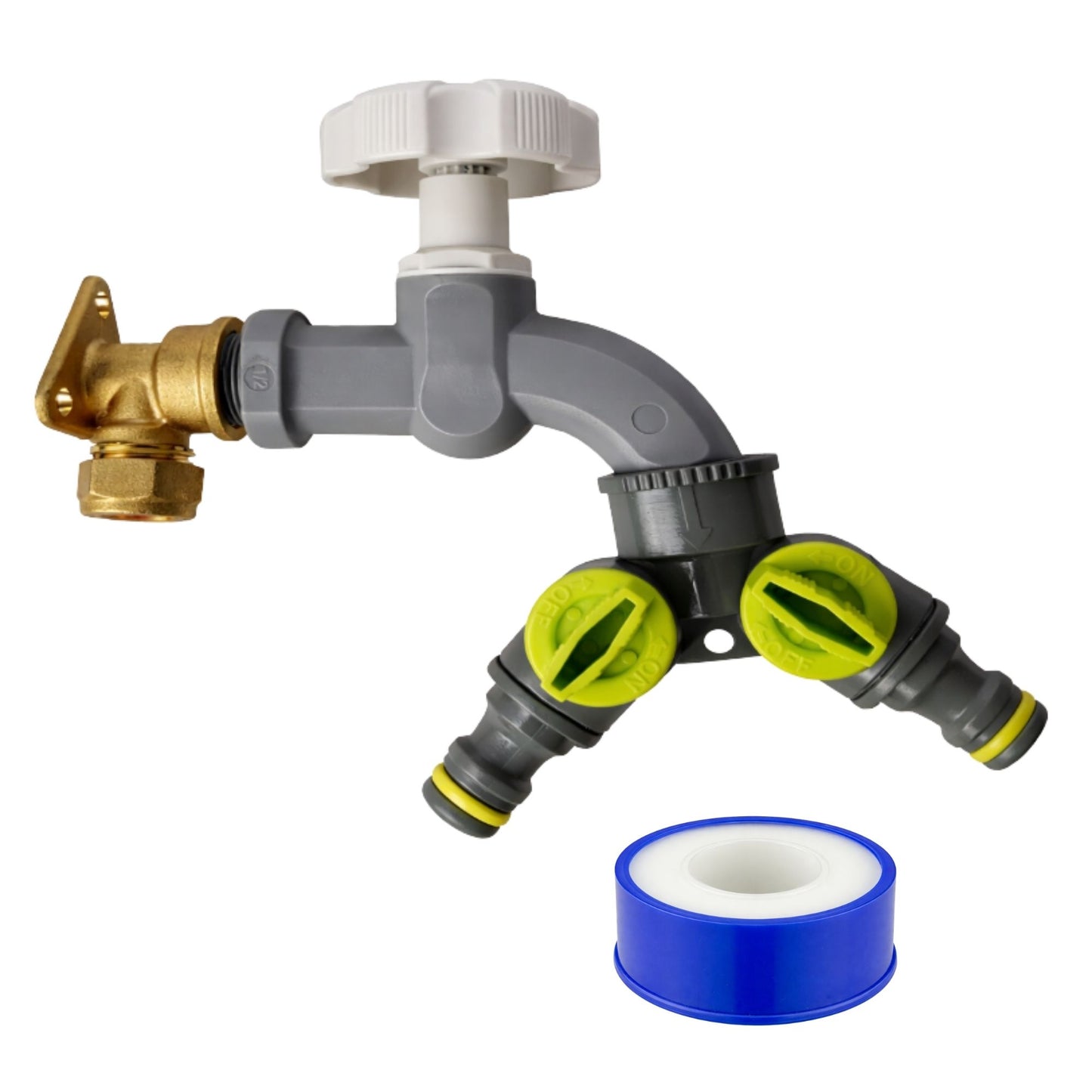 Garden Outdoor Tap Kit with 15mm Brass Compression Wall Plate – Tap Options with Hose Connector Compatibility, PTFE Tape Included for Garden Watering, Irrigation, Outdoor Use