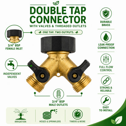 Brass 2 Way Splitter Double Tap Connector with Valves 3/4" BSP Threaded Outlets