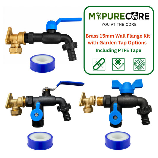 Brass 15mm Wall Flange Kit for Copper Pipe with Garden Tap Options, 1/2" BSP Connection & PTFE Tape – Outdoor Water Tap Fitting Set