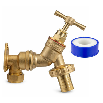 Garden Outdoor Tap Kit with 15mm Brass Compression Wall Plate – Tap Options with Hose Connector Compatibility, PTFE Tape Included for Garden Watering, Irrigation, Outdoor Use