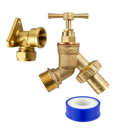 Garden Outdoor Tap Kit with 15mm Brass Compression Wall Plate – Tap Options with Hose Connector Compatibility, PTFE Tape Included for Garden Watering, Irrigation, Outdoor Use
