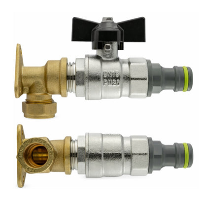 Garden Outdoor Tap Kit with 15mm Brass Compression Wall Plate – Tap Options with Hose Connector Compatibility, PTFE Tape Included for Garden Watering, Irrigation, Outdoor Use