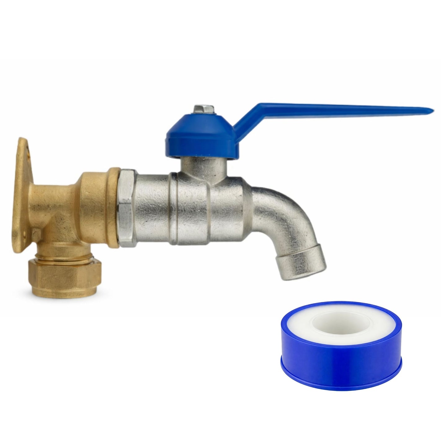 Garden Outdoor Tap Kit with 15mm Brass Compression Wall Plate – Tap Options with Hose Connector Compatibility, PTFE Tape Included for Garden Watering, Irrigation, Outdoor Use
