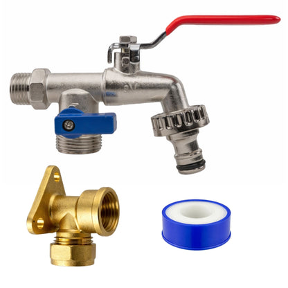 Garden Outdoor Tap Kit with 15mm Brass Compression Wall Plate – Tap Options with Hose Connector Compatibility, PTFE Tape Included for Garden Watering, Irrigation, Outdoor Use