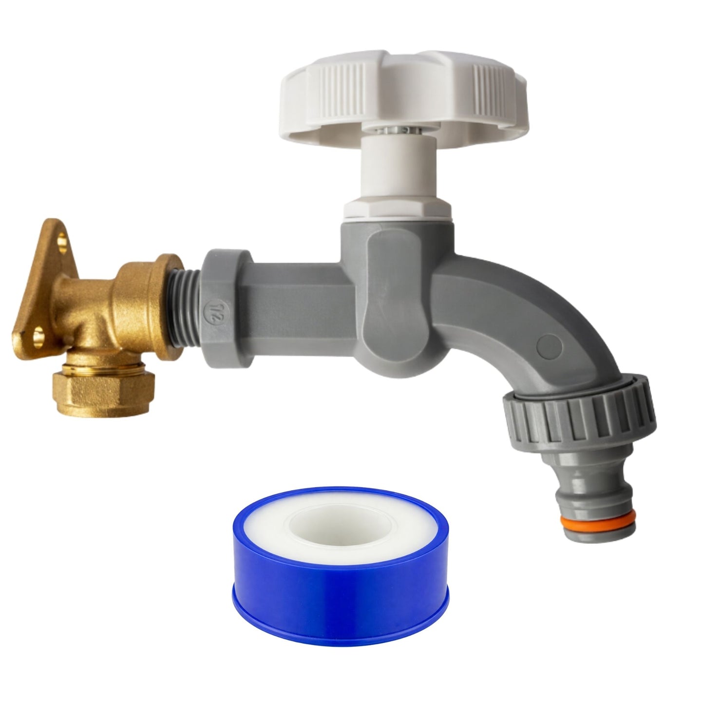 Garden Outdoor Tap Kit with 15mm Brass Compression Wall Plate – Tap Options with Hose Connector Compatibility, PTFE Tape Included for Garden Watering, Irrigation, Outdoor Use