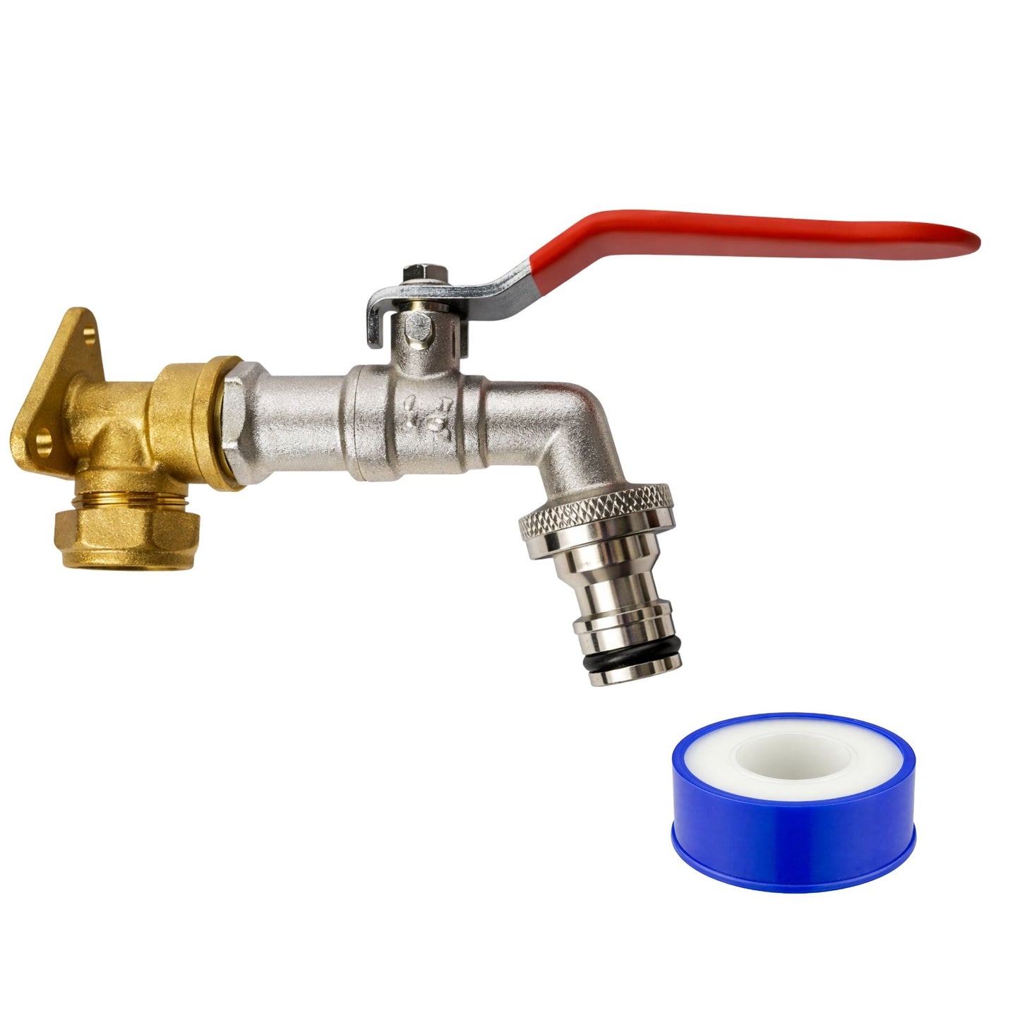 Garden Outdoor Tap Kit with 15mm Brass Compression Wall Plate – Tap Options with Hose Connector Compatibility, PTFE Tape Included for Garden Watering, Irrigation, Outdoor Use