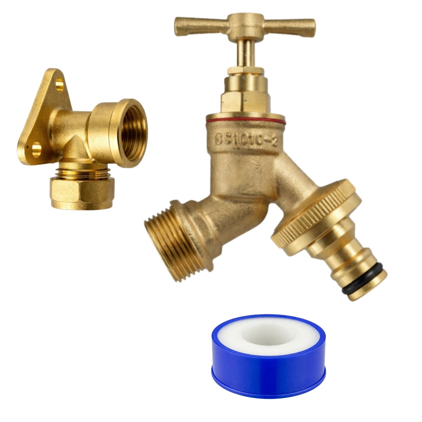 Garden Outdoor Tap Kit with 15mm Brass Compression Wall Plate – Tap Options with Hose Connector Compatibility, PTFE Tape Included for Garden Watering, Irrigation, Outdoor Use