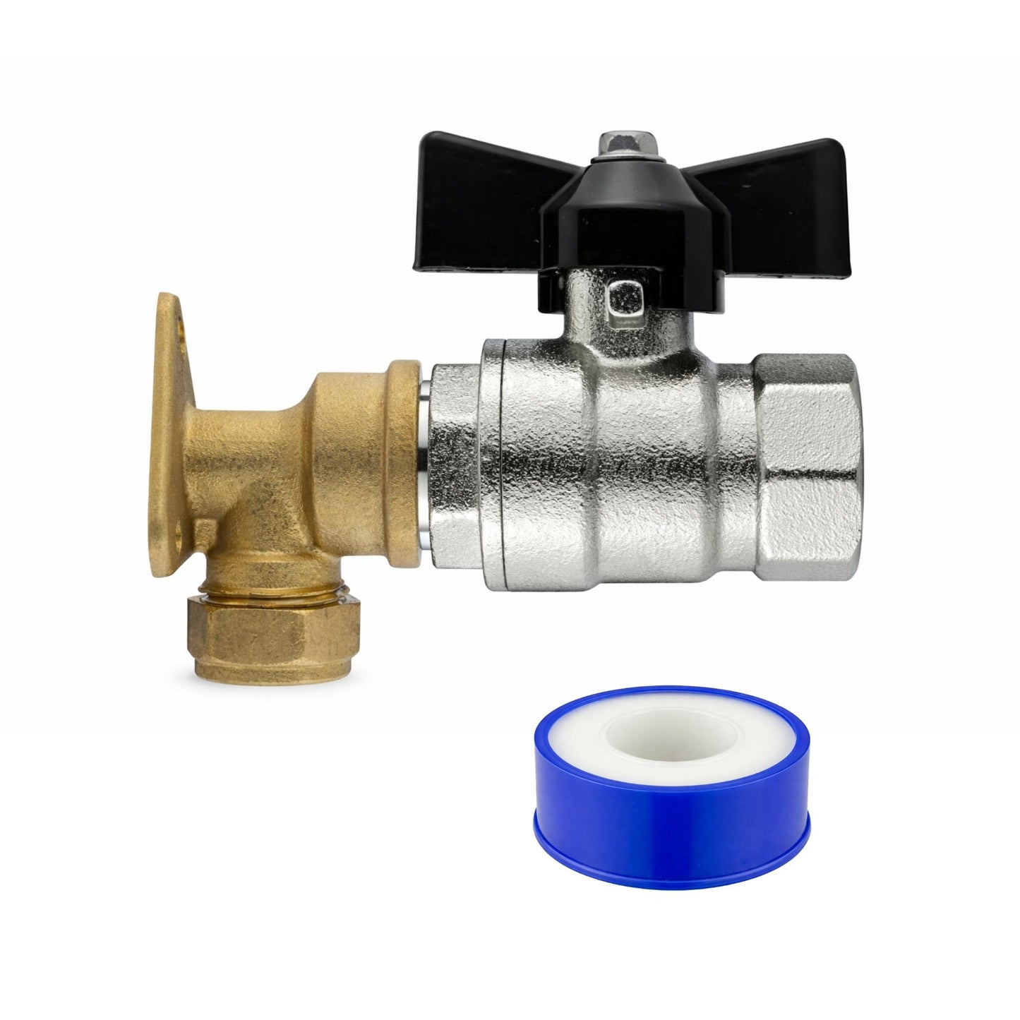 Garden Outdoor Tap Kit with 15mm Brass Compression Wall Plate – Tap Options with Hose Connector Compatibility, PTFE Tape Included for Garden Watering, Irrigation, Outdoor Use