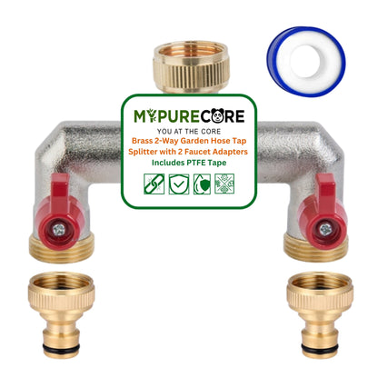 Brass 2-Way Garden Hose Tap Splitter with 2 Faucet Adapters & PTFE Tape