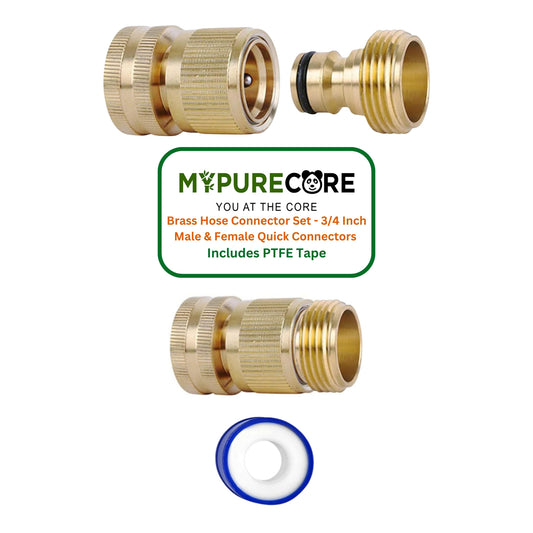 Brass Hose Connector Set - 3/4 Inch Female Thread Tap & Male Quick Connectors + PTFE Tape