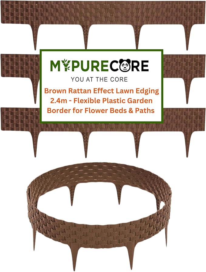 Black, Gray, Brown Rattan Effect Lawn Edging 2.4m - Flexible Plastic Garden Border for Flower Beds & Paths | Weather-Resistant & Recyclable Palisade | Easy Install Edging for Grass, Gravel & Landscape