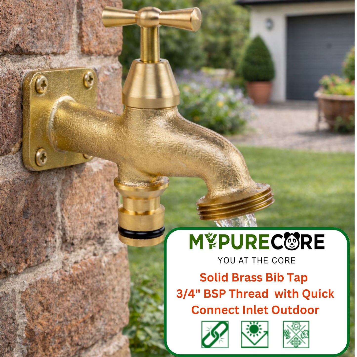 Brass Bib Tap 3/4" BSP Thread - Garden Tap with Quick Connect Inlet Outdoor
