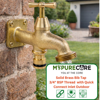 Brass Bib Tap 3/4" BSP Thread - Garden Tap with Quick Connect Inlet Outdoor