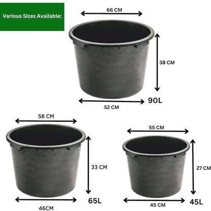 Flexi Tub Small (45L), Medium (65L) Black - Sturdy Heavy Duty Large Plastic Bucket with Handles | Builders Garden Home Storage Container
