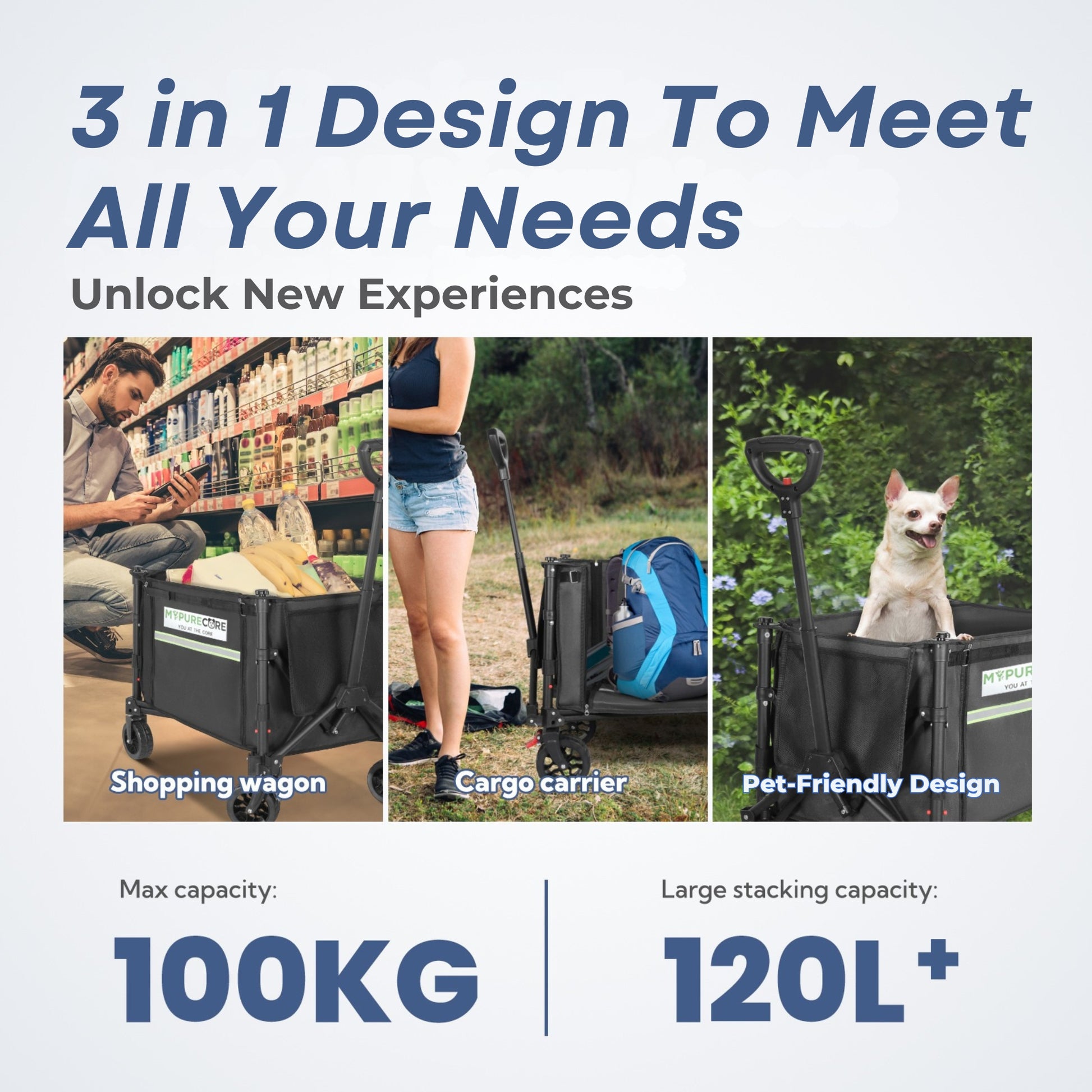 Heavy Duty Foldable Wagon Trolley with Wider Wheels & Brake – 120L Festival, Beach, Camping Cart for Kids, Dogs & Gardening – Collapsible Garden Pull Trolley, 100kg Load Capacity
