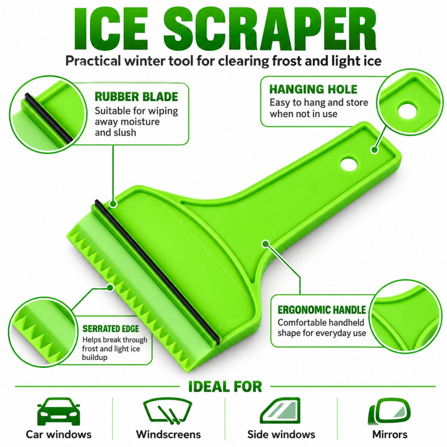 Car Ice Scraper with Squeegee & Ice Breaker Teeth – Windscreen Frost Remover