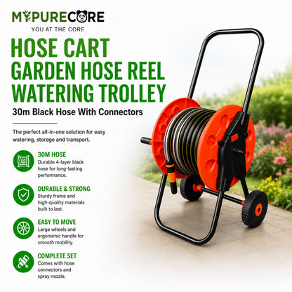 Garden Hose Reel Cart with 30m Black 4-Layer Hose, Wheeled Watering Trolley, Spray Nozzle & Hose Connectors, Portable Garden Hose Storage Cart