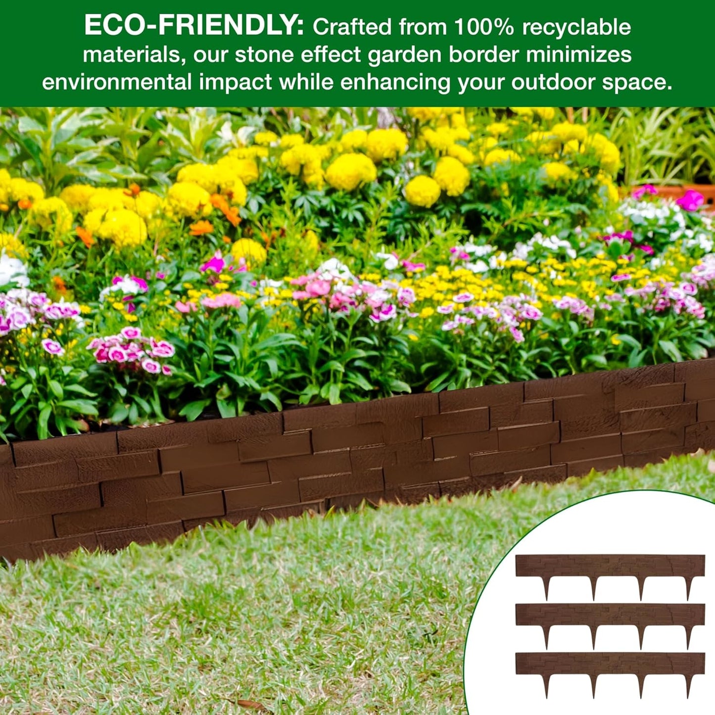 Black, Brown, Gray Stone Effect Lawn Edging 2.3m - Flexible Plastic Garden Border for Flower Beds & Paths | Weather-Resistant & Recyclable Palisade | Easy Install Edging for Grass, Gravel & Landscape
