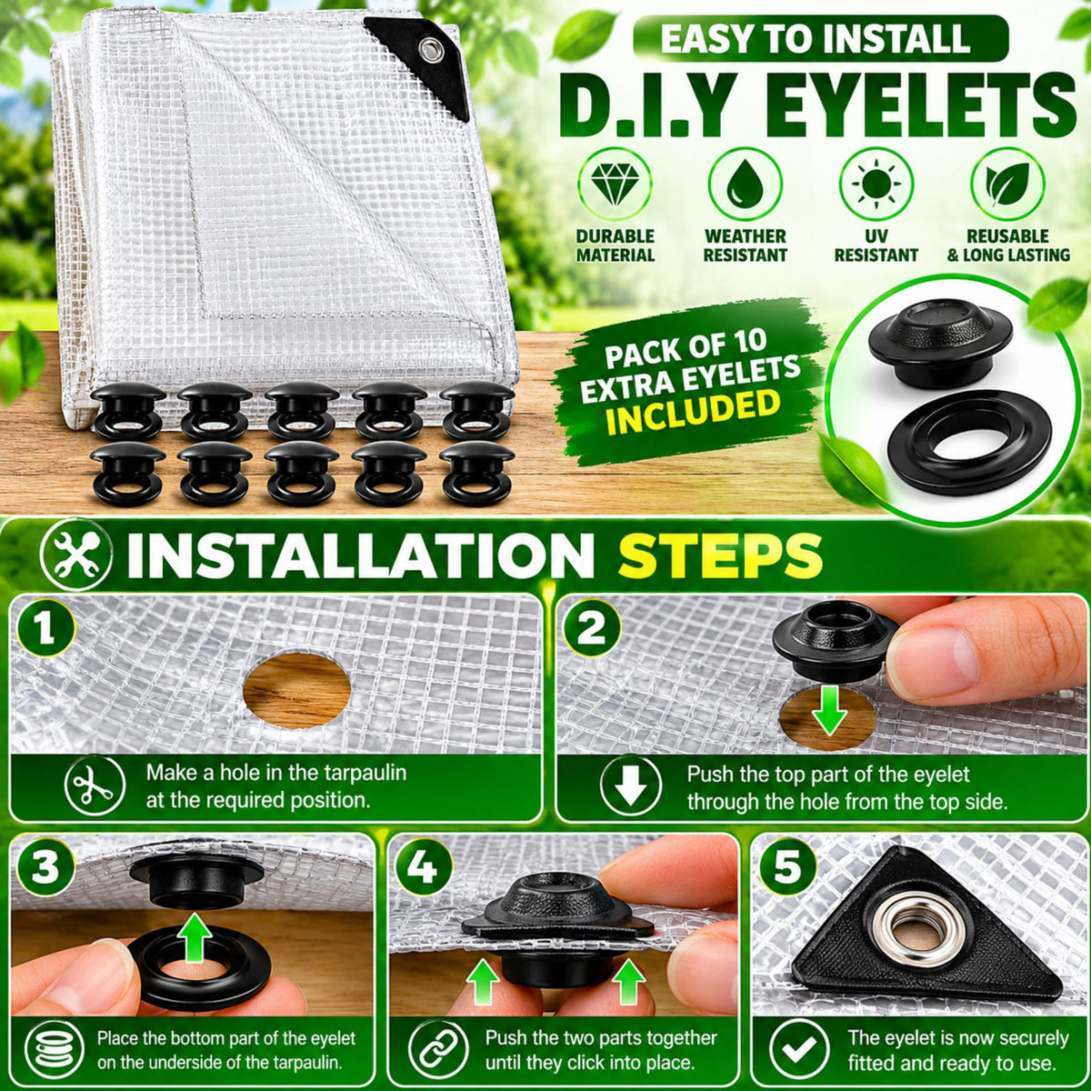 Clear Tarpaulin 300GSM Heavy Duty Waterproof Sheet + 10 Clip On Eyelets