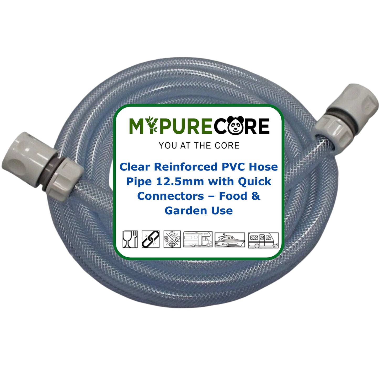 Clear Reinforced PVC Hose Pipe 12.5mm with 2 Quick Connectors – Durable 4-Layer Food Safe Garden Water Hose for Liquids, Aquariums, Ponds & Irrigation