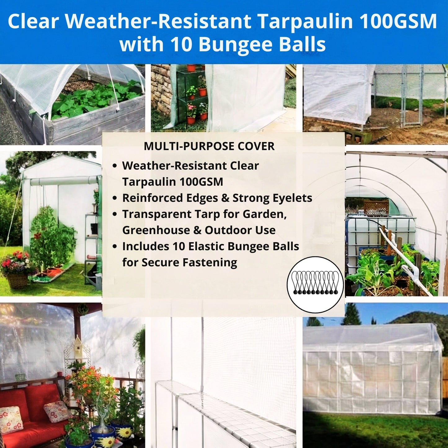 MYPURECORE Clear Weatherproof Tarpaulin 100GSM with 10 Bungee Balls – Heavy Duty Weatherproof Tarpaulin with Reinforced Edges & Eyelets – Transparent Tarp for Garden & Outdoor Use