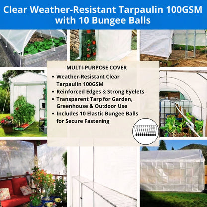 MYPURECORE Clear Weatherproof Tarpaulin 100GSM with 10 Bungee Balls – Heavy Duty Weatherproof Tarpaulin with Reinforced Edges & Eyelets – Transparent Tarp for Garden & Outdoor Use