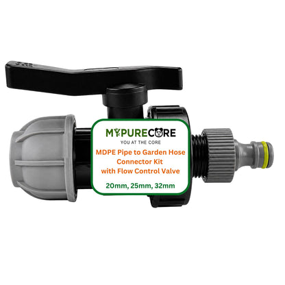 MDPE Pipe to Garden Hose Connector Kit with Flow Control Valve for 20mm, 25mm & 32mm Blue Water Pipe | Quick Connect Irrigation Fitting