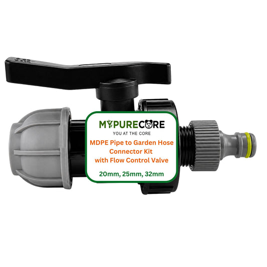 MDPE Pipe to Garden Hose Connector Kit with Flow Control Valve for 20mm, 25mm & 32mm Blue Water Pipe | Quick Connect Irrigation Fitting