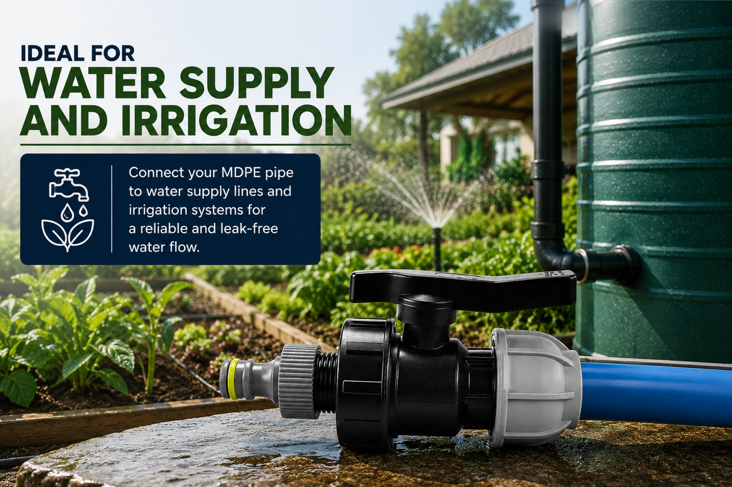 MDPE Water Pipe Outlet Valve Garden Hose Connector Kit 20mm 25mm 32mm - Compression Fitting, Flow Control Valve, Click-Lock Connector & PTFE Tape