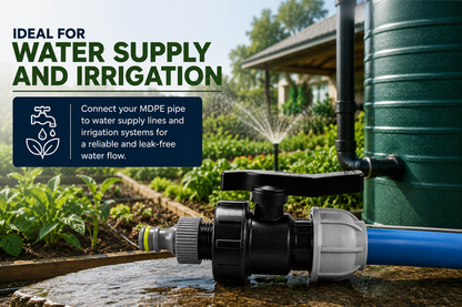 MDPE Water Pipe Outlet Valve Garden Hose Connector Kit 20mm 25mm 32mm - Compression Fitting, Flow Control Valve, Click-Lock Connector & PTFE Tape