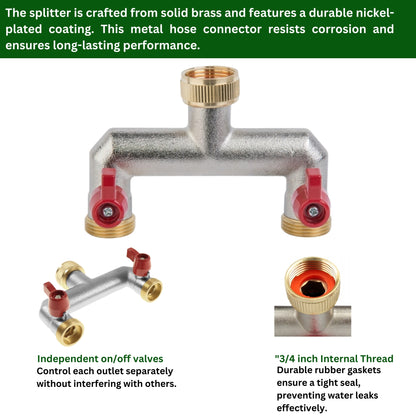 Brass 2-Way Garden Hose Tap Splitter with PTFE Tape – Durable 3/4" Outdoor Tap Connector with Individual Valves | Brass Hose Connector for Garden Irrigation, Hosepipe Fittings & Adapters