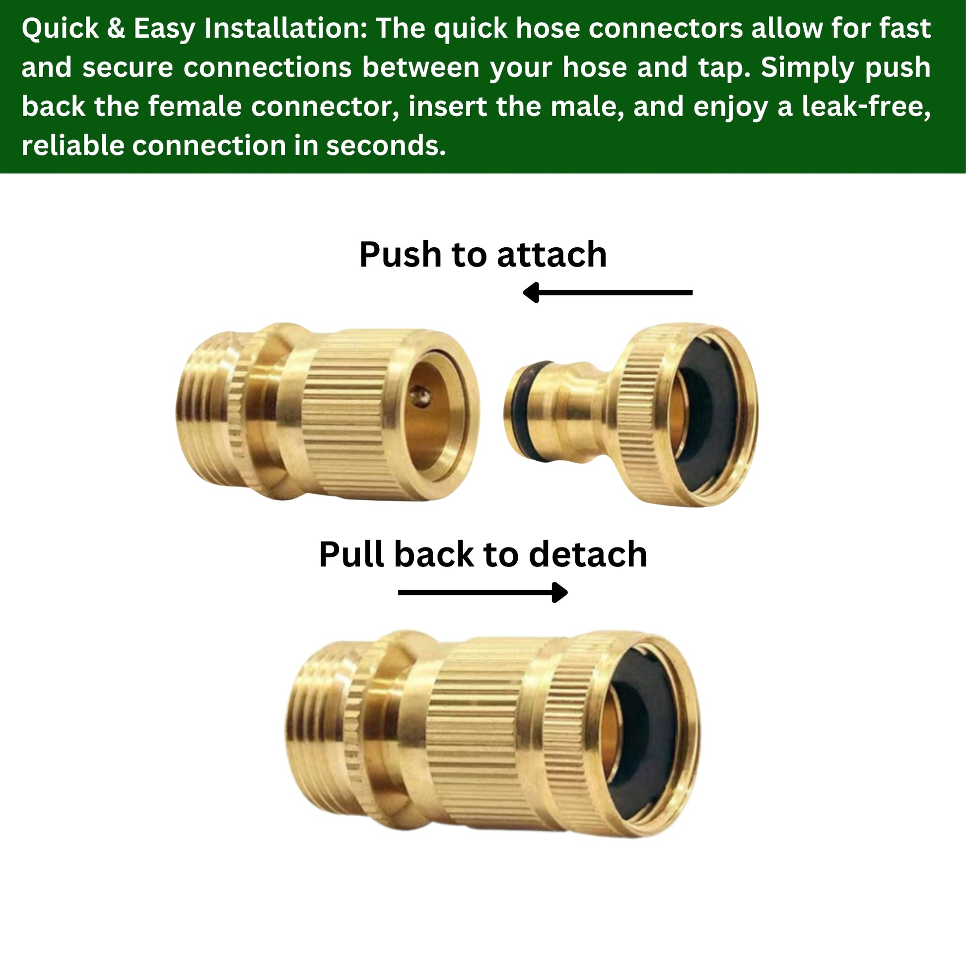 2-Pack Brass Garden Hose No-Leak Connector Set | 3/4 Inch Female & Male Quick Connectors with PTFE Tape | Durable Water Hose Fittings for Outdoor Tap, Garden Hose