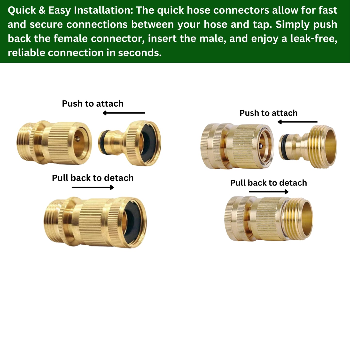 2 Pairs Garden Hose Quick Connect Set | 3/4 Inch Solid Brass Hose Fittings with PTFE Tape | Male & Female Adapters for Car Wash, Garden Irrigation, Outdoor Tap