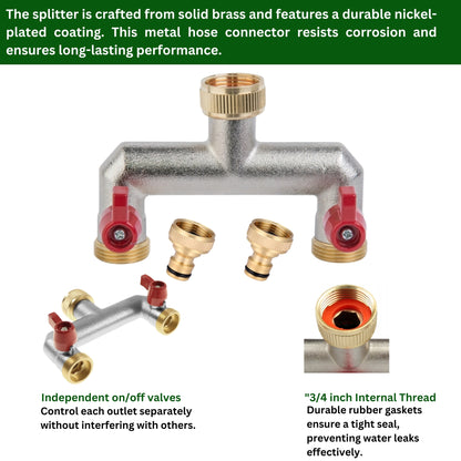 Brass 2-Way Garden Hose Tap Splitter with 2 Faucet Adapters & PTFE Tape