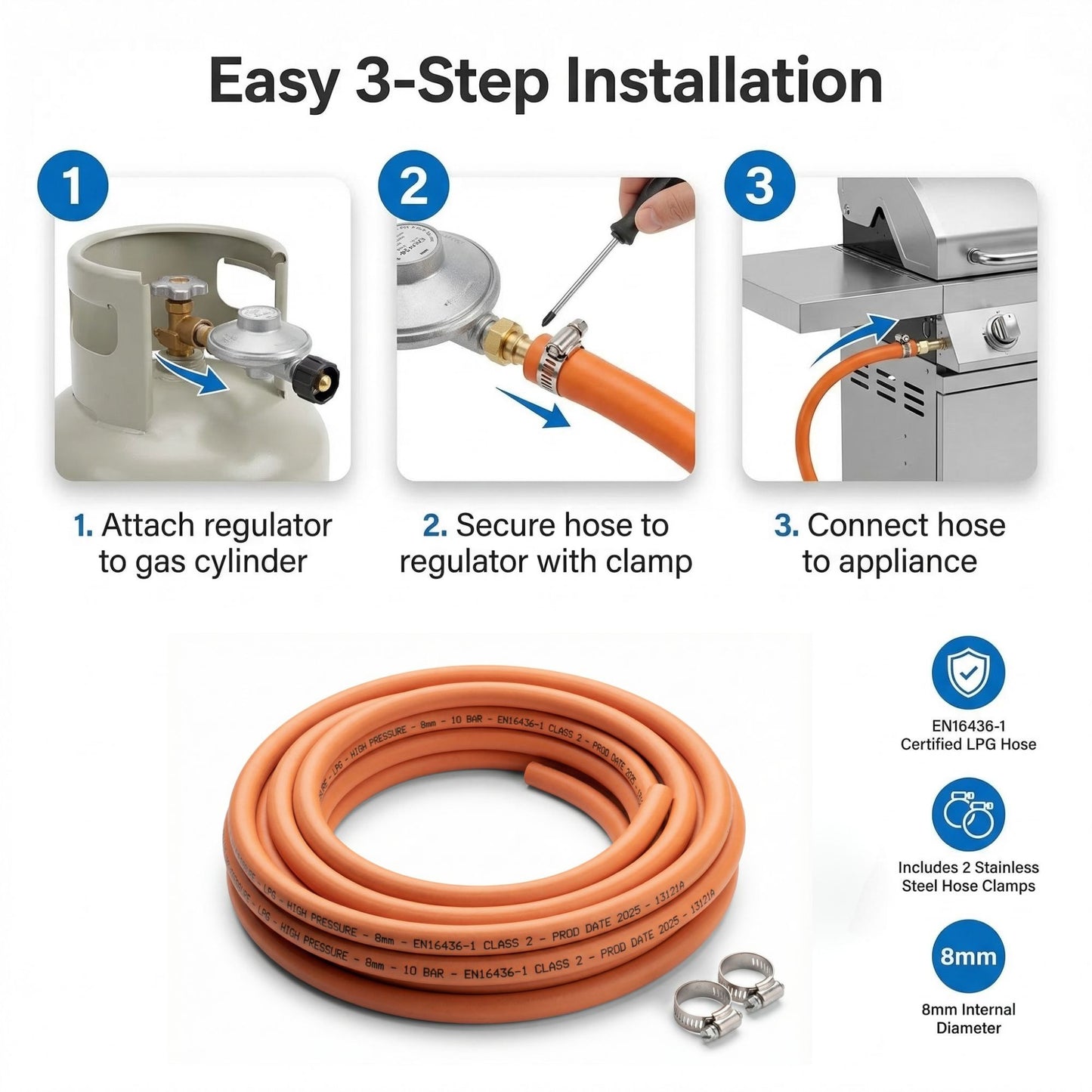 LPG Gas Hose Pipe 8mm with 2 Clips EN16436-1 High Pressure Propane Butane Gas Hose for BBQ Patio Heater Caravan Camping Cooker Gas Bottle Durable Orange Hose