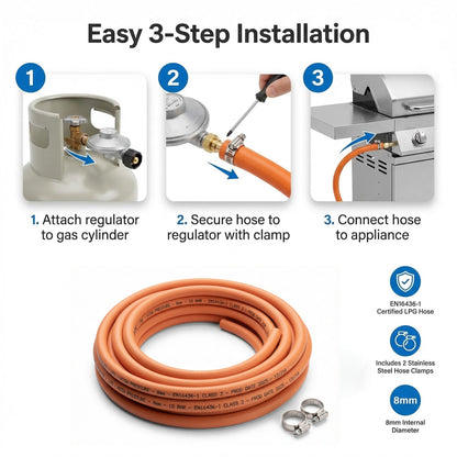 LPG Gas Hose Pipe 8mm with 2 Clips EN16436-1 High Pressure Propane Butane Gas Hose for BBQ Patio Heater Caravan Camping Cooker Gas Bottle Durable Orange Hose