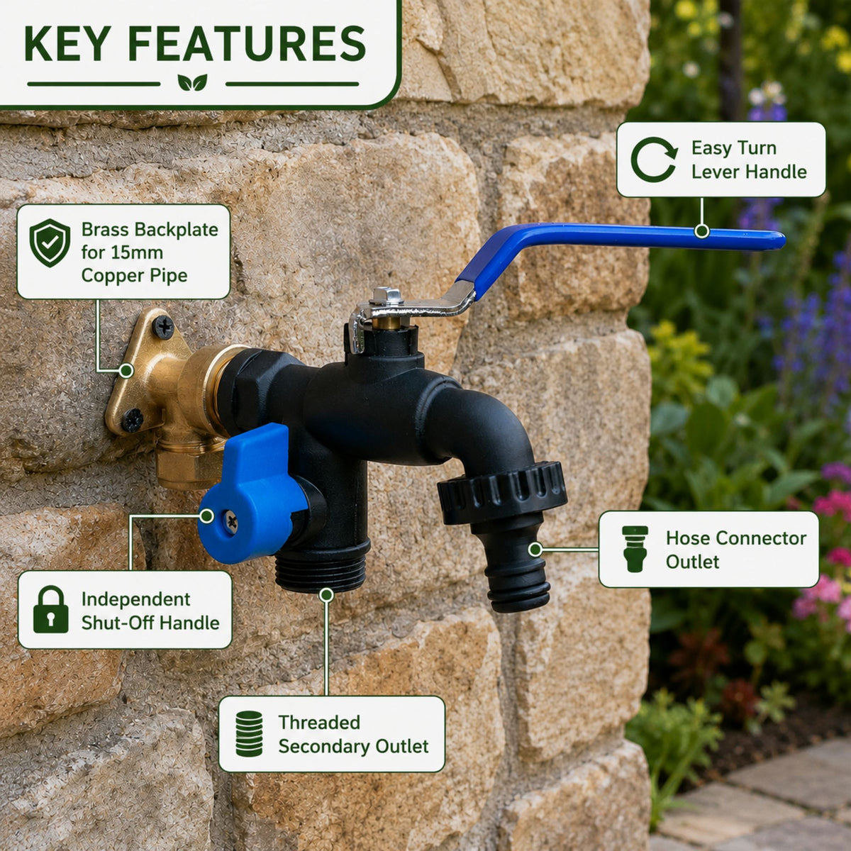 Brass 15mm Wall Flange Kit for Copper Pipe with Garden Tap Options, 1/2" BSP Connection & PTFE Tape – Outdoor Water Tap Fitting Set