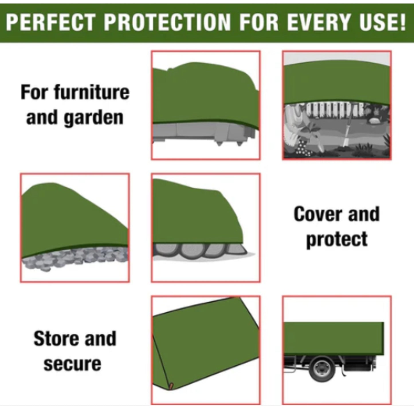 Green Tarpaulin 90GSM Heavy Duty, Waterproof Cover + 10 Bungee Balls - Durable Sheet for Garden, Trailer, Caravan, Camping, Home, Outdoor