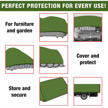 Green Tarpaulin 90GSM Heavy Duty, Waterproof Cover + 10 Bungee Balls - Durable Sheet for Garden, Trailer, Caravan, Camping, Home, Outdoor