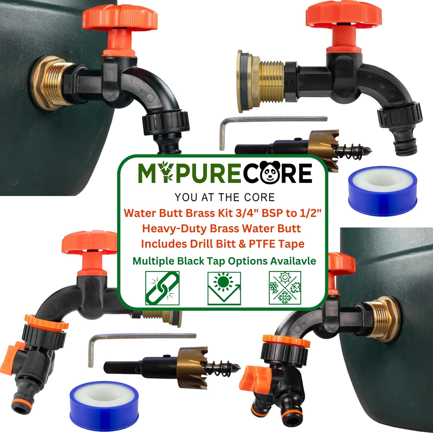 Water Butt Brass Kit 3/4" BSP to 1/2" with Drill Bit – Heavy-Duty Brass Tank Connector with Black Dial Tap for Rainwater Harvesting & Water Storage