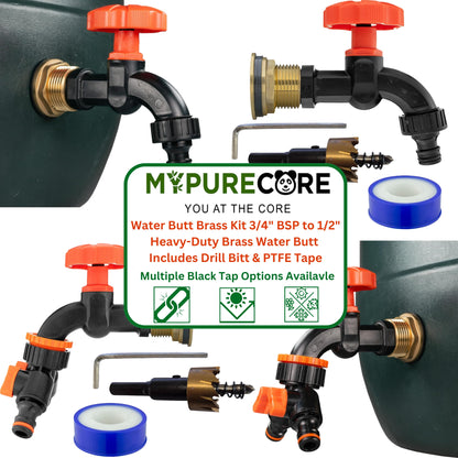 Water Butt Brass Kit 3/4" BSP to 1/2" with Drill Bit – Heavy-Duty Brass Tank Connector with Black Dial Tap for Rainwater Harvesting & Water Storage