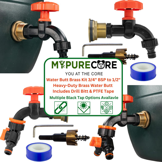 Water Butt Brass Kit 3/4" BSP to 1/2" with Drill Bit – Heavy-Duty Brass Tank Connector with Black Dial Tap for Rainwater Harvesting & Water Storage