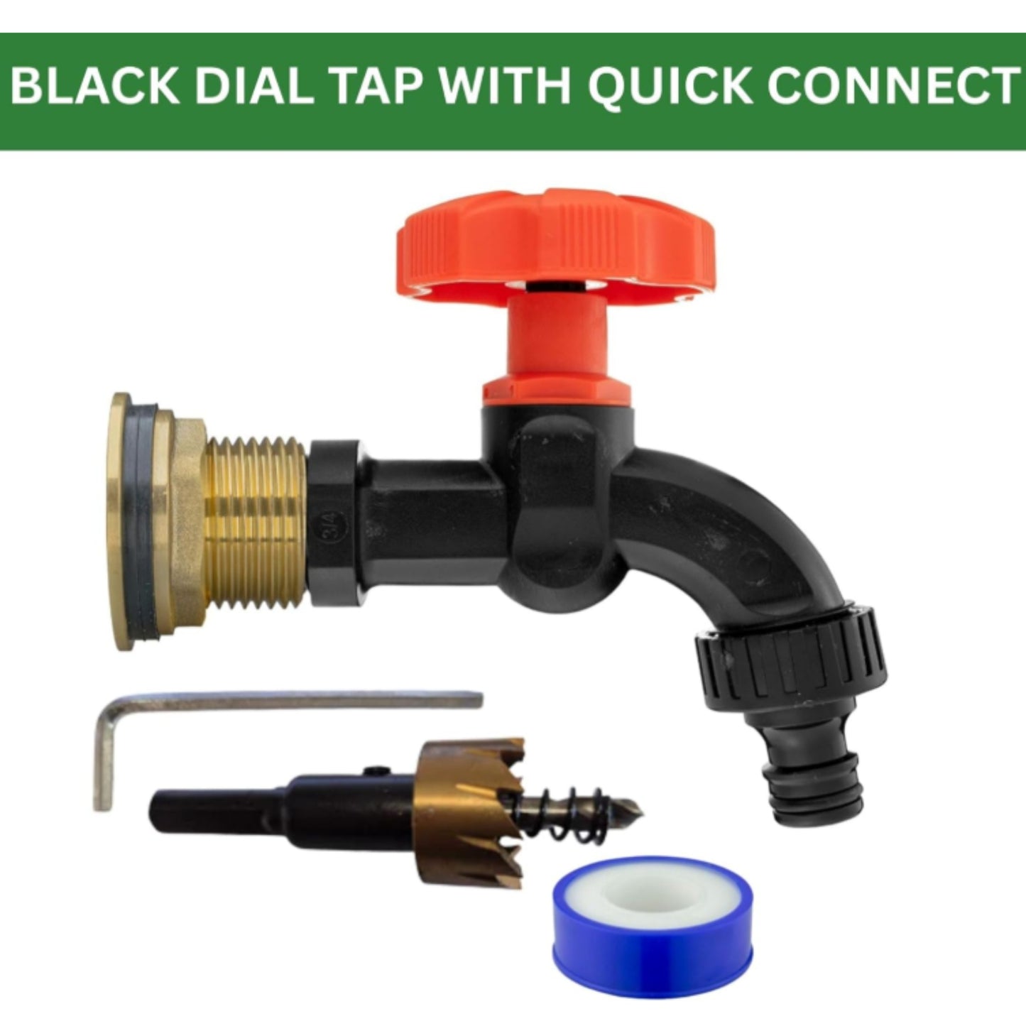 Water Butt Brass Kit 3/4" BSP to 1/2" with Drill Bit – Heavy-Duty Brass Tank Connector with Black Dial Tap for Rainwater Harvesting & Water Storage