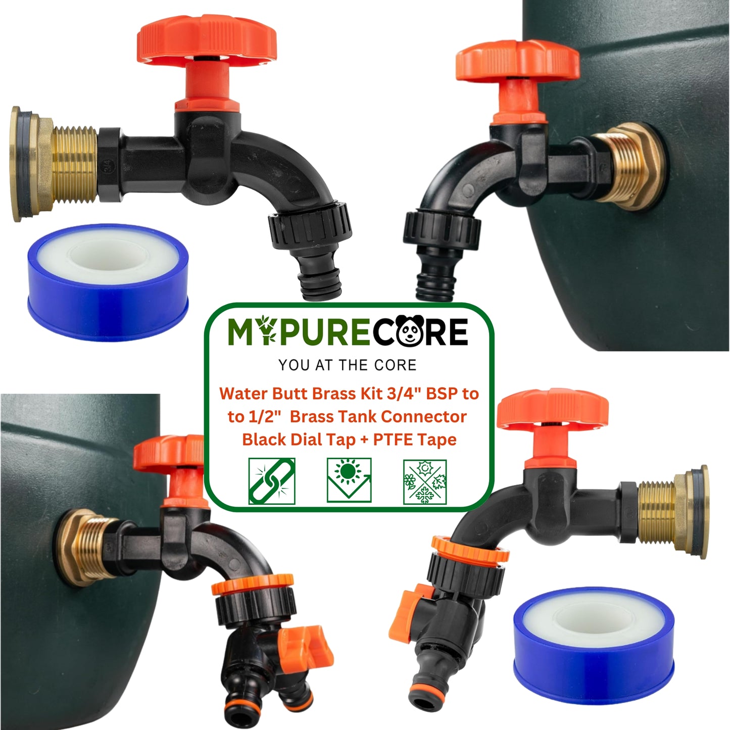Water Butt Brass Kit 3/4" BSP to 1/2" – Heavy-Duty Brass Tank Connector with Black Dial Tap for Rainwater Harvesting, Barrels & Water Tanks