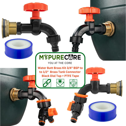 Water Butt Brass Kit 3/4" BSP to 1/2" – Heavy-Duty Brass Tank Connector with Black Dial Tap for Rainwater Harvesting, Barrels & Water Tanks