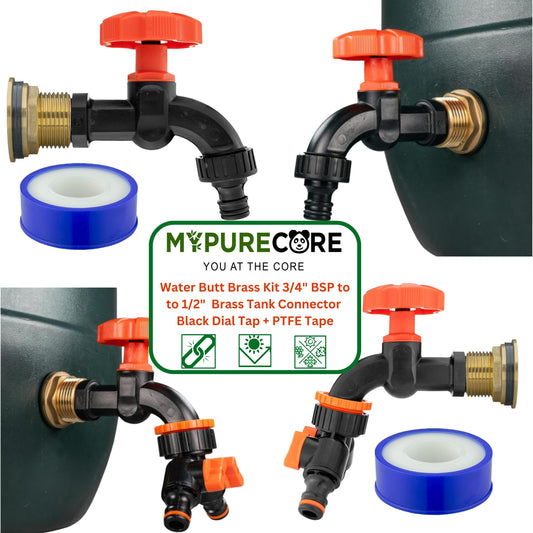 Water Butt Brass Kit 3/4" BSP to 1/2" – Heavy-Duty Brass Tank Connector with Black Dial Tap for Rainwater Harvesting, Barrels & Water Tanks