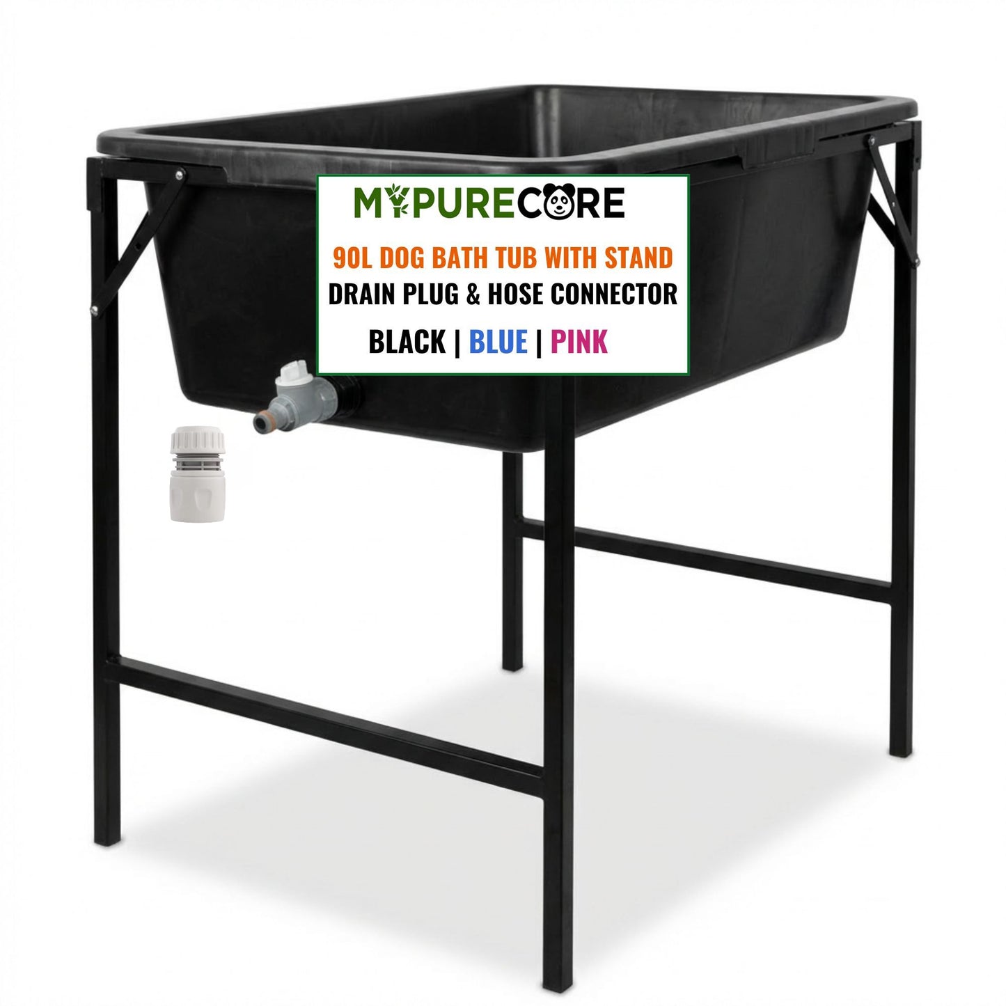 Dog Bath Tub 90L with Stand Raised Pet Bath Pool Foldable Metal Frame with Drain Plug Hose Connector Durable Dog Wash Tub for Indoor Outdoor Pet Care