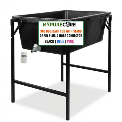 Dog Bath Tub 90L with Stand Raised Pet Bath Pool Foldable Metal Frame with Drain Plug Hose Connector Durable Dog Wash Tub for Indoor Outdoor Pet Care