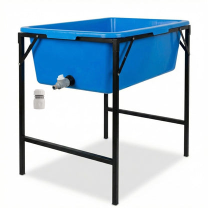 Dog Bath Tub 90L with Stand Raised Pet Bath Pool Foldable Metal Frame with Drain Plug Hose Connector Durable Dog Wash Tub for Indoor Outdoor Pet Care